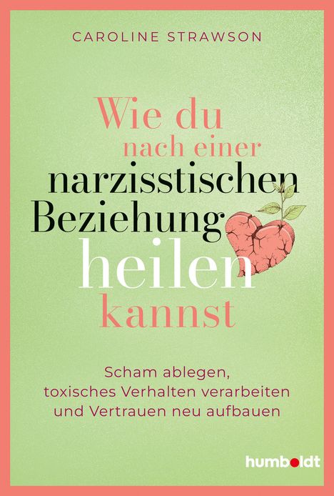 "Wie du nach einer narzisstischen Beziehung heilen kannst" von Caroline Strawson. Gemaltes Herz mit Rissen und Blättern.