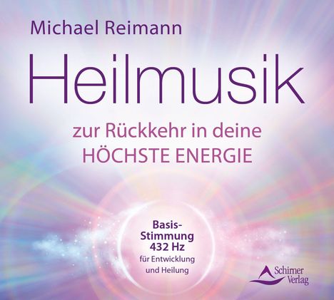 „Heilmusik zur Rückkehr in deine HÖCHSTE ENERGIE“ in lila Schrift. Sanfte, farbenfrohe Lichteffekte.