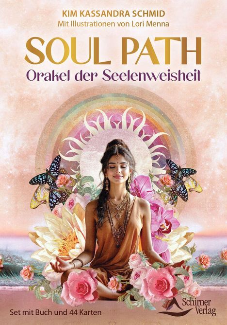 „SOUL PATH – Orakel der Seelenweisheit. Set mit Buch und 44 Karten.“ Frau meditiert, umgeben von Blumen und Schmetterlingen.