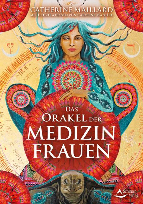 Text: "Das Orakel der Medizin Frauen". Eine Frau mit blauem Haar hält ein buntes Muster. Unten ist eine Schildkröte.