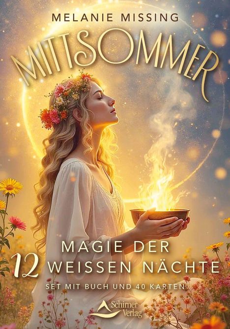 "Melanie Missing, MITSOMMER, MAGIE DER 12 WEISSEN NÄCHTE, SET MIT BUCH UND 40 KARTEN." Illustration einer Frau mit Blumenkranz.