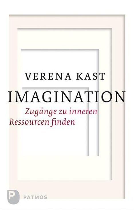 „VERENA KAST IMAGINATION. Zugänge zu inneren Ressourcen finden“ in schwarzer und roter Schrift, mit abstraktem weißem Rahmenmuster.
