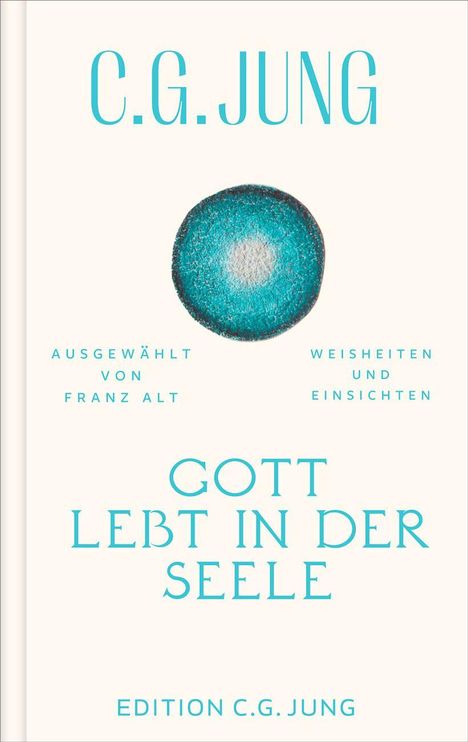 C.G. JUNG; GOTT LEBT IN DER SEELE; Illustration einer blauen Kugel auf cremefarbenem Hintergrund.