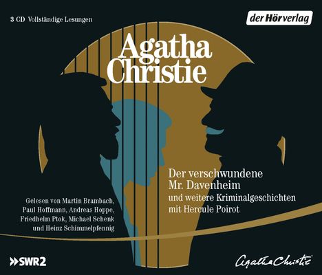 "Agatha Christie", "Der verschwundene Mr. Davenheim", zwei Silhouetten von Männern, gerade Linien im Hintergrund.