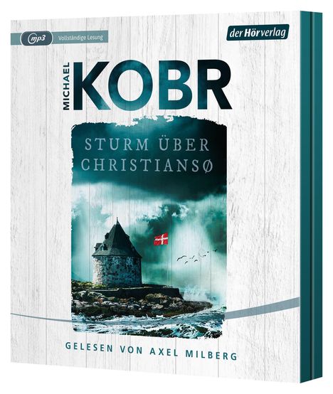 "Vollständige Lesung", "Michael Kobr", "Sturm über Christiansø", "gelesen von Axel Milberg". Turm, stürmisches Meer, Vögel.