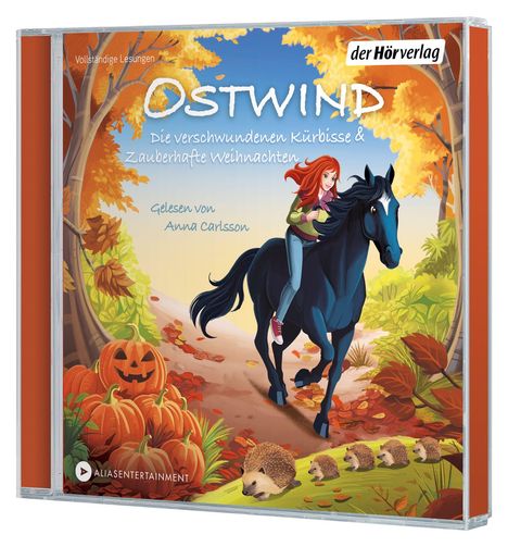 "Ostwind: Die verschwundenen Kürbisse & Zauberhafte Weihnachten, gelesen von Anna Carlsson." Illustration: Mädchen auf Pferd, Igel, Kürbisse.