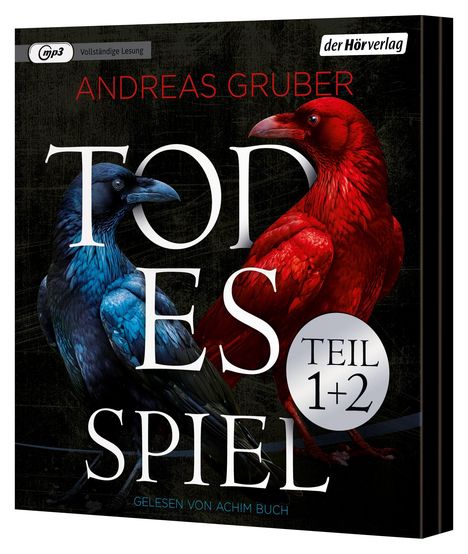 Text: mp3, Vollständige Lesung, ANDREAS GRUBER, TODES SPIEL, TEIL 1+2, GELESEN VON ACHIM BUCH. Zwei Raben, einer blau, einer rot.