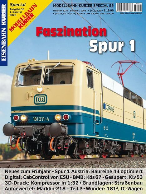 „Faszination Spur 1“ in roten und weißen Buchstaben. Nahaufnahme einer beige-blauen Lokomotive auf Gleisen.