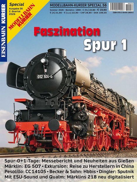 Titel: "Faszination Spur 1". 
Eine Dampflokomotive mit roter Front ist im Vordergrund.