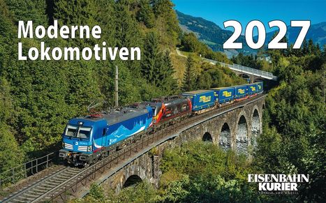 „Moderne Lokomotiven 2027“, Eisenbahn auf einer Steinbrücke in einer waldreichen Landschaft.