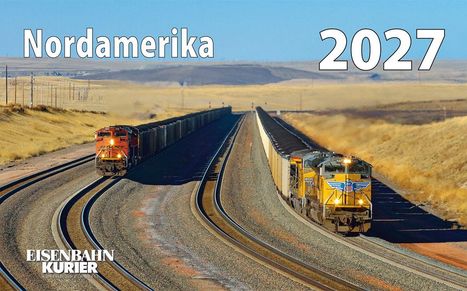 „Nordamerika 2027“ in großer Schrift über zwei Güterzügen auf parallelen Gleisen in einer weiten, goldenen Landschaft.