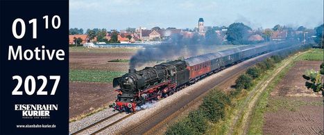 Links steht: "01¹⁰ Motive 2027, EISENBAHN KURIER, Vorbild und Modell, www.eisenbahn-kurier.de". Eine Dampflokomotive auf freier Strecke.