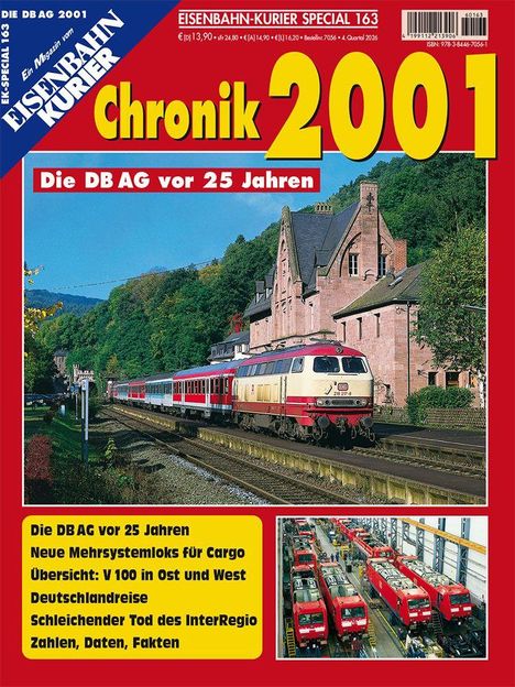 "Chronik 2001", "Die DB AG vor 25 Jahren". Zug vor einem historischen Gebäude. Links Listentext: DBAG und Züge.