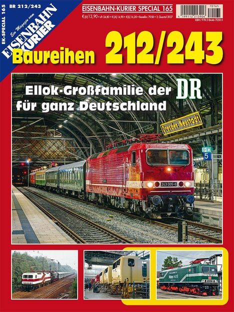 Text oben: "EK-Special 165", "Eisenbahn-Kurier Special 165". Groß: "Baureihen 212/243". Bildbeschreibung: Rote Lokomotive im Bahnhof.