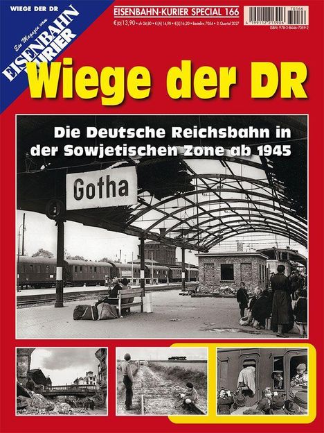 Texte: "Wiege der DR", "Die Deutsche Reichsbahn in der Sowjetischen Zone ab 1945". Schwarz-weißes Bahnhofsfoto, rote Umrandung.