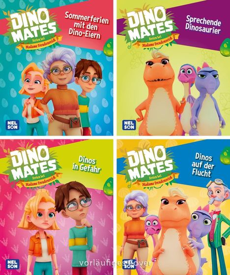 "DINO MATES Ferien bei Madame Freudenreich" mit Titeln: "Sommerferien mit den Dino-Eiern", "Sprechende Dinosaurier", "Dinos in Gefahr", "Dinos auf der Flucht". Bunte Illustrationen von Figuren und Dinos.