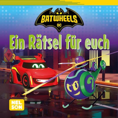"Ein Rätsel für euch." Logo mit Schriftzug "Batwheels". Ein rotes Auto und ein Hubschrauber mit Gesicht und Fragezeichen.