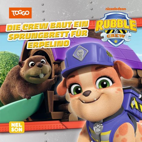 "Die Crew baut ein Sprungbrett für Erpelino." Cartoon-Tiere in Bauhelmen, fröhlich und bunt gestaltet. Logos von Toggo und Nickelodeon.