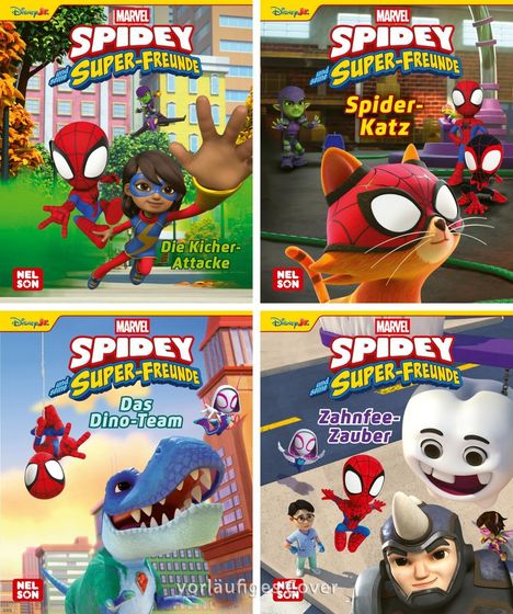 "Marvel Spidey und seine Super-Freunde" Titelbilder mit Spidey, einem großen Zahn und einem Dino in lebendigen Farben.