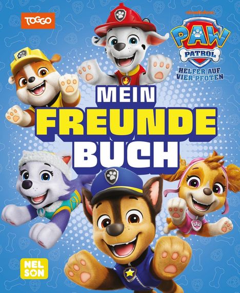 „Mein Freundebuch“ steht in großen Buchstaben, umgeben von fröhlichen, cartoonhaften Hunden aus der Serie „Paw Patrol“.