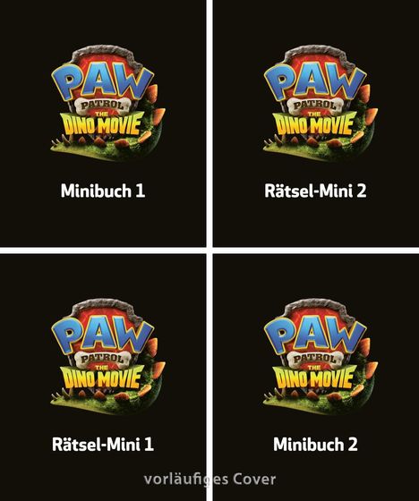 "Minibuch 1", "Rätsel-Mini 2", "Rätsel-Mini 1", "Minibuch 2" unter einem bunten Logo "PAW Patrol The Dino Movie".