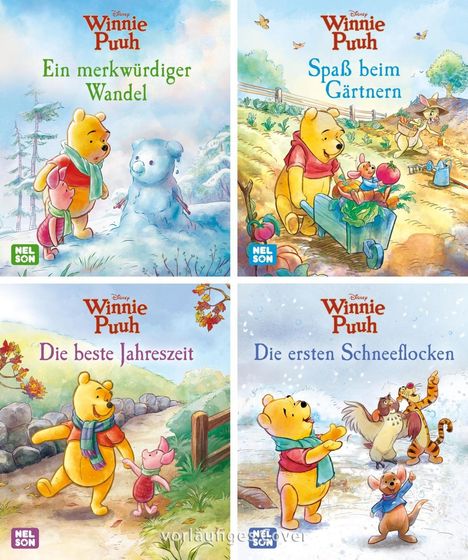 Vier Buchcover von Winnie Puuh:
1. Ein merkwürdiger Wandel.
2. Spaß beim Gärtnern.
3. Die beste Jahreszeit.
4. Die ersten Schneeflocken.