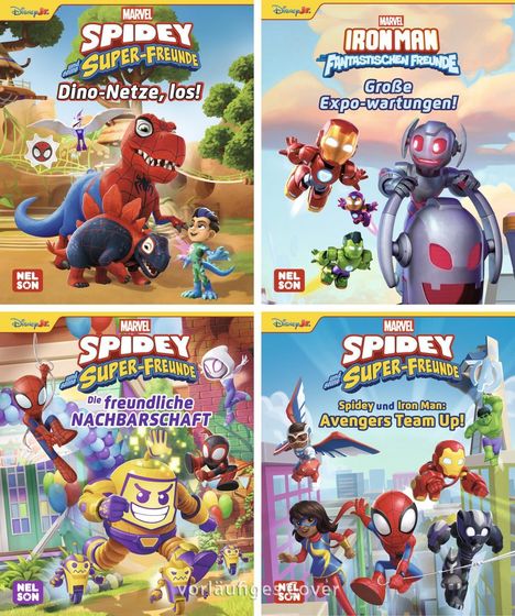 Vier bunte Marvel-Illustrationen. Titel: "Dino-Netze, los!", "Große Expo-wartungen!", "Die freundliche Nachbarschaft", "Spidey und Iron Man: Avengers Team Up!".