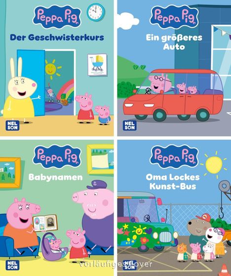 Vier bunte Illustrationen mit den Titeln: "Der Geschwisterkurs", "Ein größeres Auto", "Babynamen", "Oma Lockes Kunst-Bus".