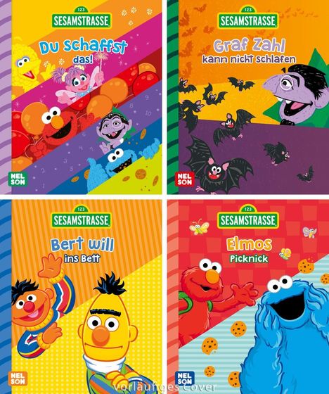 "Du schaffst das!", "Graf Zahl kann nicht schlafen", "Bert will ins Bett", "Elmos Picknick". Bunte Sesamstraße-Illustrationen.