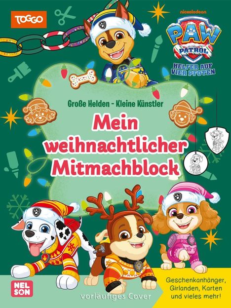 Cover mit fröhlichen Hunden, die weihnachtlich gekleidet sind. Text: "Mein weihnachtlicher Mitmachblock".