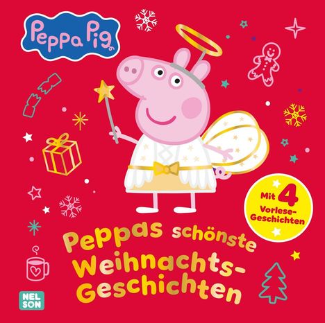 „Peppas schönste Weihnachts-Geschichten“; Illustration von Peppa als Engel, umgeben von weihnachtlichen Symbolen.