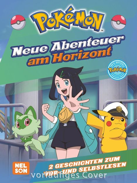 "Pokémon: Neue Abenteuer am Horizont. 2 Geschichten zum Vor- und Selbstlesen." Illustration mit Charakteren und Logo.