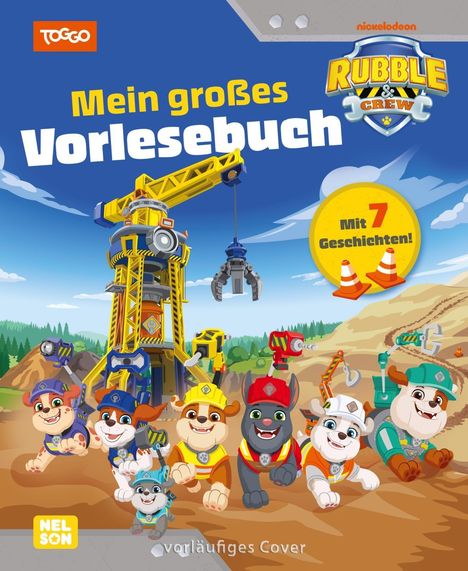 "Mein großes Vorlesebuch" steht in großer Schrift. Darunter sind fröhliche Hunde mit Bauhelmen vor einer Baustelle zu sehen.