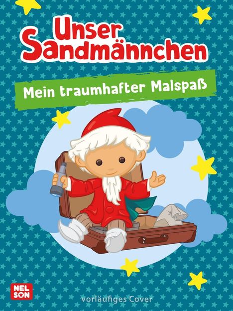 „Unser Sandmännchen“ und „Mein traumhafter Malspaß“ sind in roter und weißer Schrift auf blauem Hintergrund. Eine Illustration zeigt den Sandmann in rot.