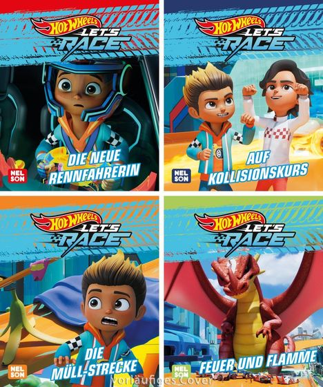 "Die neue Rennfahrerin", "Auf Kollisionskurs", "Die Müll-Strecke", "Feuer und Flamme". Comic-Stil Rennszenen.
