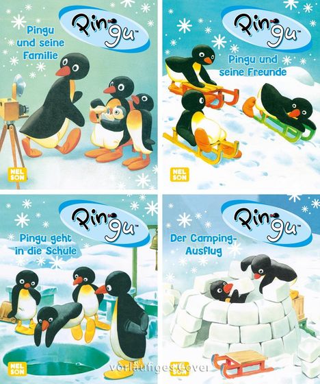Eine Illustration von Pingu-Geschichten: „Pingu und seine Familie“, „Pingu und seine Freunde“, „Pingu geht in die Schule“, „Der Camping-Ausflug“. Pinguine in verschiedenen Situationen im Schnee.