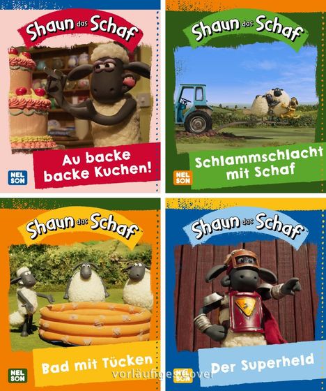 Vier Bildkarten mit Shaun das Schaf: Kuchen backen, Schlammspaß, Bad im Pool, Superhelden-Outfit.