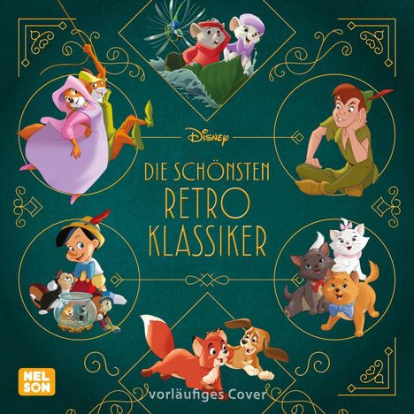 Text: "Die schönsten Retro Klassiker, vorläufiges Cover". Disney-Charaktere in einem dekorativen Design.