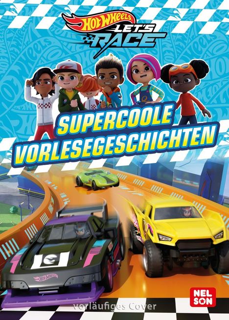 „SUPERCOOLE VORLEGEGESCHICHTEN“ in großen Buchstaben. Cartoon-Kinder stehen über einer Rennbahn mit bunten Autos.