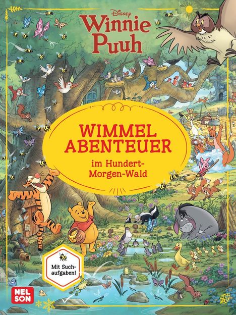 "Winnie Puuh Wimmelabenteuer im Hundert-Morgen-Wald. Mit Suchaufgaben!" Bunte Waldszene mit Comicfiguren und Tieren.