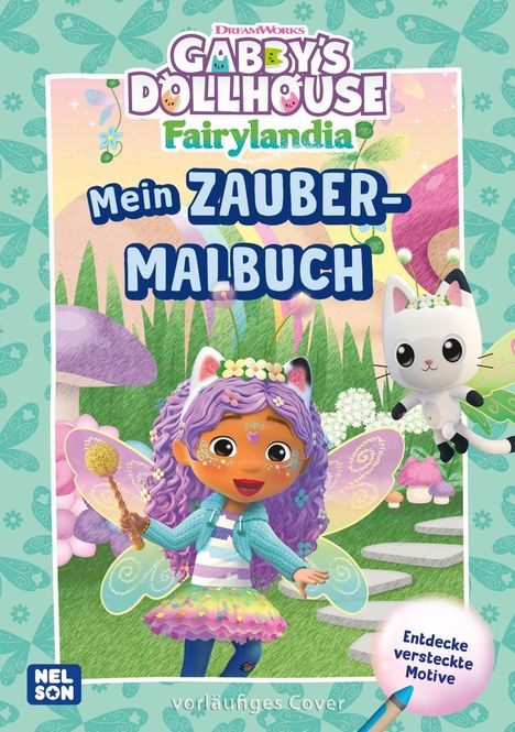 "Mein Zaubermalbuch", Illustration: Mädchen mit Flügeln, Zauberstab, bezaubernde Umgebung, Katze mit Flügeln.
