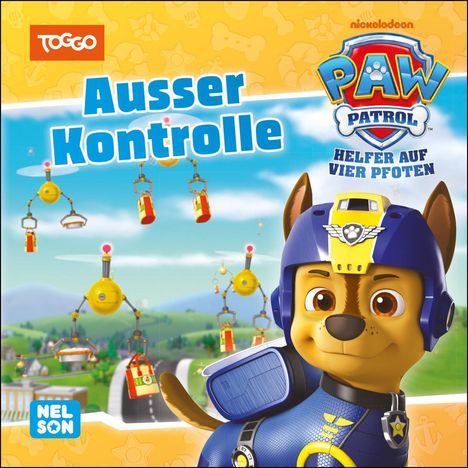 "Außer Kontrolle", "Paw Patrol Helfer auf vier Pfoten", ein Cartoon-Hund in blauem Outfit, bunte Maschinen im Hintergrund.