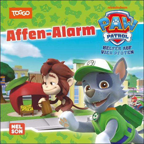 Text: "Affen-Alarm", "PAW Patrol", "Helfer auf vier Pfoten". Illustration eines fröhlichen Hundes und eines Affen mit Banane.