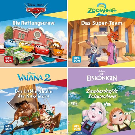 Vier farbenfrohe Buchcover: "Cars - Die Rettungscrew", "Zoomania - Das Super-Team", "Vaiana 2 - Das Lieblingshuhn der Kakamora", "Die Eiskönigin - Zauberhafte Schwestern".