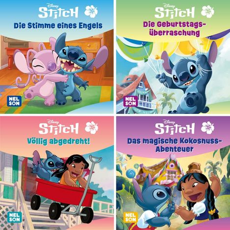 Vier Illustrationen mit Stitch. Titel: "Die Stimme eines Engels", "Die Geburtstagsüberraschung", "Völlig abgedreht!", "Das magische Kokosnuss-Abenteuer".