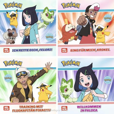 Logo-Pokémon, "Ich rette dich, Felori!", "Sing für mich, Krokel", "Training mit Flugkapitän Pikachu", "Willkommen in Paldea".