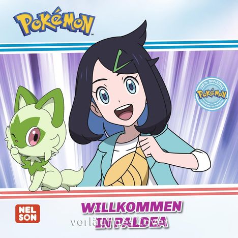 „Willkommen in Paldea“. Logo von Pokémon, Charakter mit schwarzem Haar und Katze mit grünem Fell.