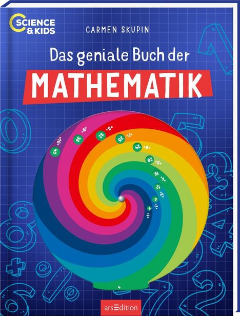 "Das geniale Buch der Mathematik" in Weiß auf Blau. Bunter, spiralförmiger Hintergrund, Zahlen verteilt in weiß.