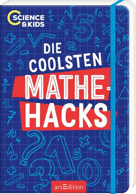 „Die coolsten Mathe-Hacks“ in weißen und roten Buchstaben. Blaues Notizbuch mit mathematischen Symbolen.