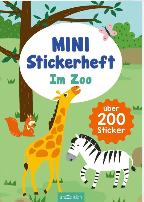 "MINI Stickerheft Im Zoo", "über 200 Sticker". Illustration: Giraffe, Zebra, Eichhörnchen, Baum, Schmetterling im Hintergrund.